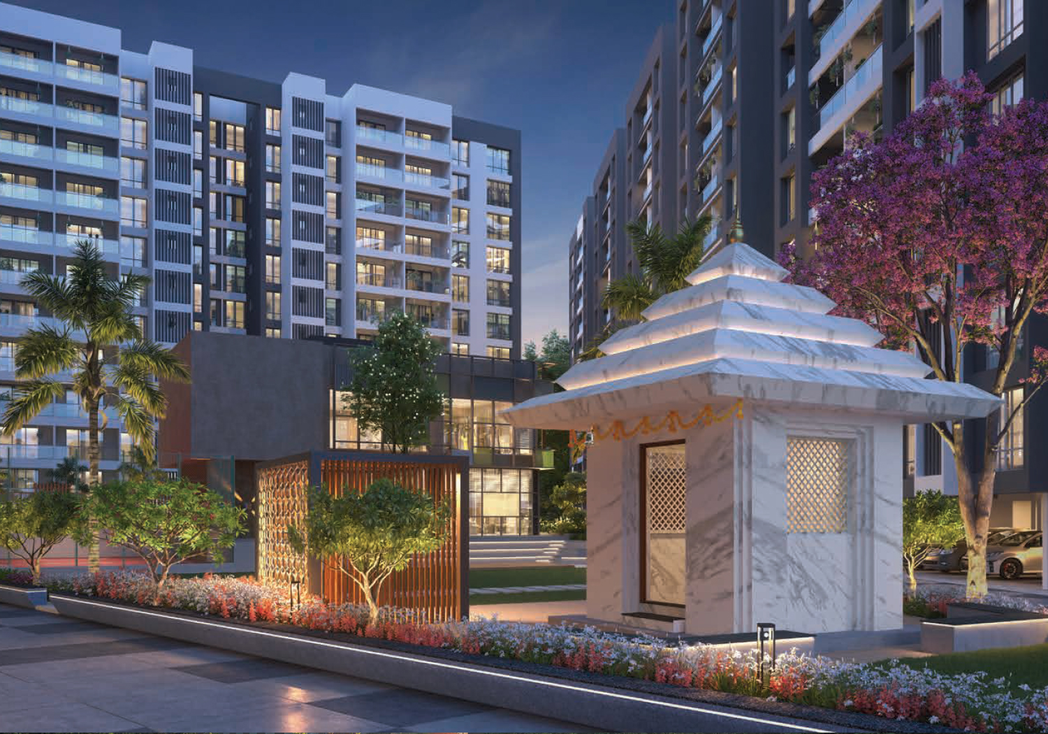 Exterior view of Majestique Landmarks &mdash; photo gallery, images, brochure, amenities, cost sheet, price breakup, availability details, RERA number, RERA certificate, possession date, layout plan, logo, floor plan, master plan, and location map showcasing project highlights and features.